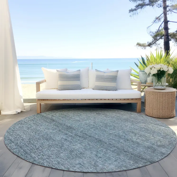 8' Blue And Ivory Round Abstract Washable Indoor Outdoor Area Rug