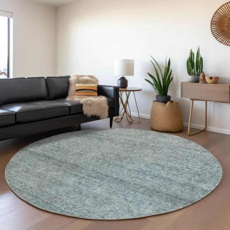 8' Blue And Ivory Round Abstract Washable Indoor Outdoor Area Rug