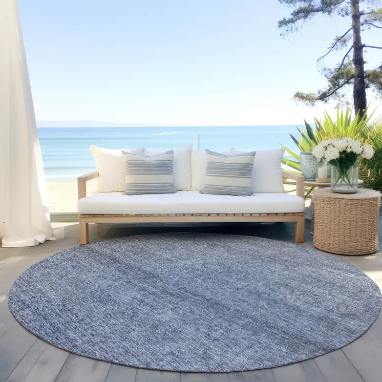 8' Sky Blue And Ivory Round Abstract Washable Indoor Outdoor Area Rug