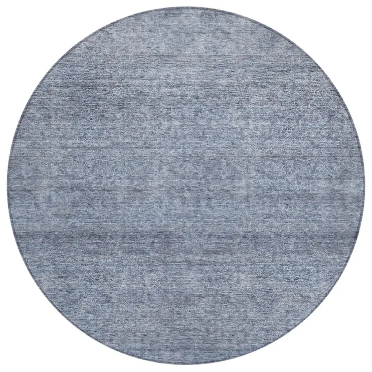 8' Sky Blue And Ivory Round Abstract Washable Indoor Outdoor Area Rug