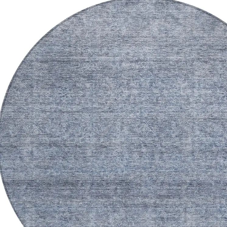 8' Sky Blue And Ivory Round Abstract Washable Indoor Outdoor Area Rug