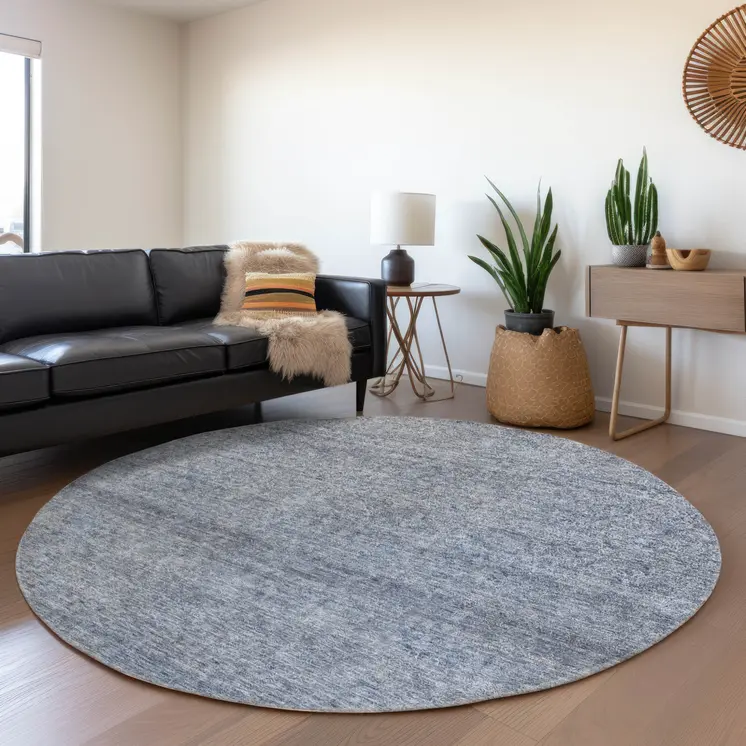 8' Sky Blue And Ivory Round Abstract Washable Indoor Outdoor Area Rug