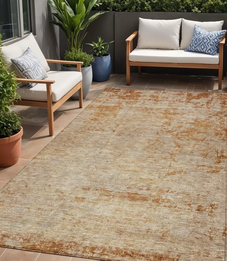 5' X 8' Copper And Terra Cotta Abstract Washable Indoor Outdoor Area Rug