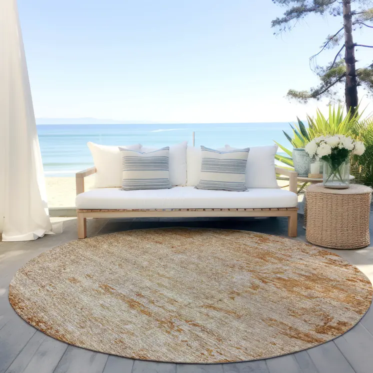 8' Copper And Terra Cotta Round Abstract Washable Indoor Outdoor Area Rug