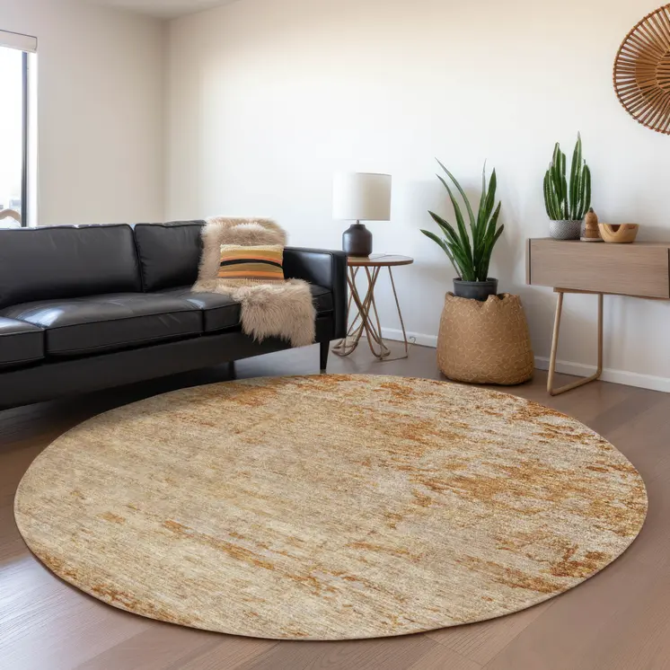 8' Copper And Terra Cotta Round Abstract Washable Indoor Outdoor Area Rug