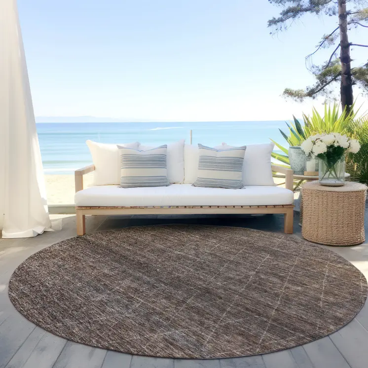 8' Coffee And Ivory Round Geometric Washable Indoor Outdoor Area Rug
