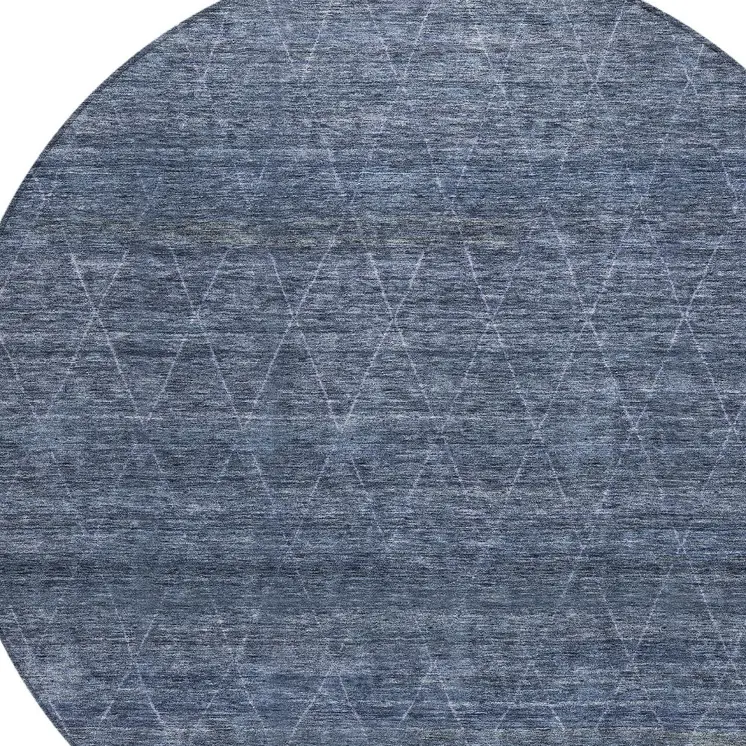 8' Navy Blue And Ivory Round Geometric Washable Indoor Outdoor Area Rug