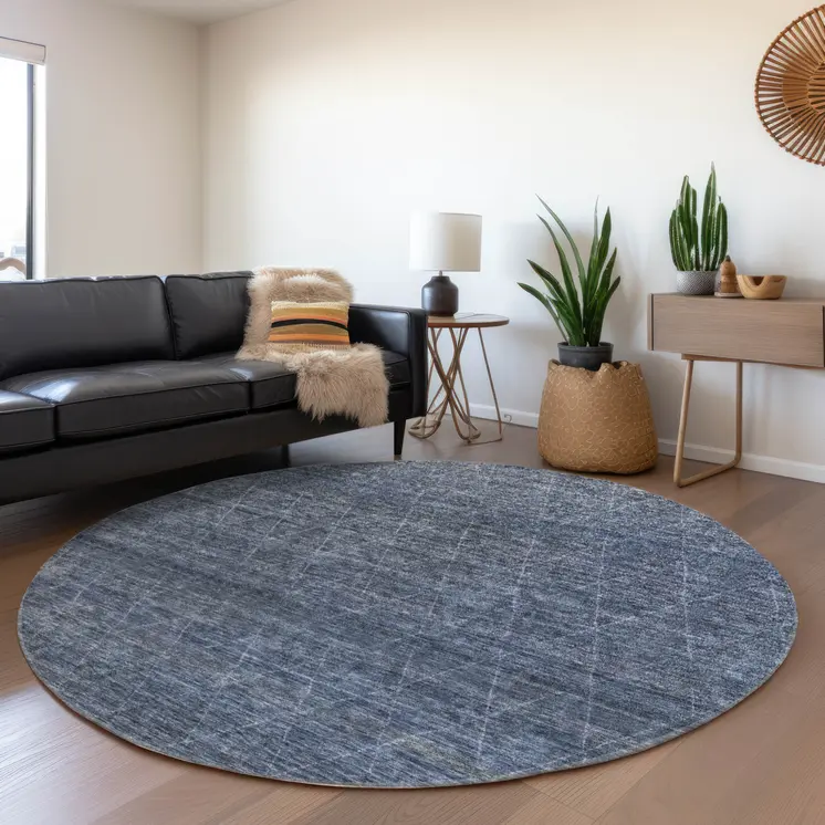 8' Navy Blue And Ivory Round Geometric Washable Indoor Outdoor Area Rug