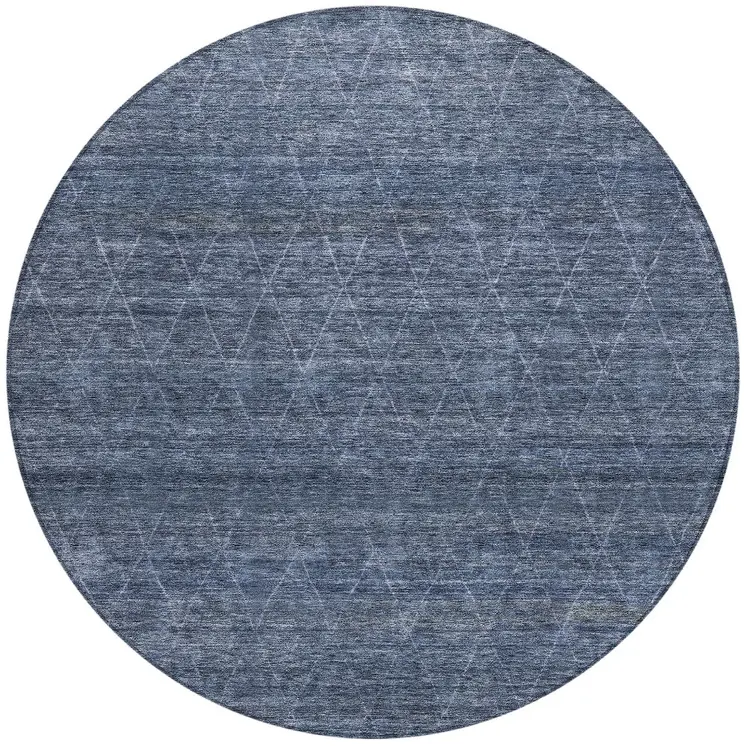 8' Navy Blue And Ivory Round Geometric Washable Indoor Outdoor Area Rug