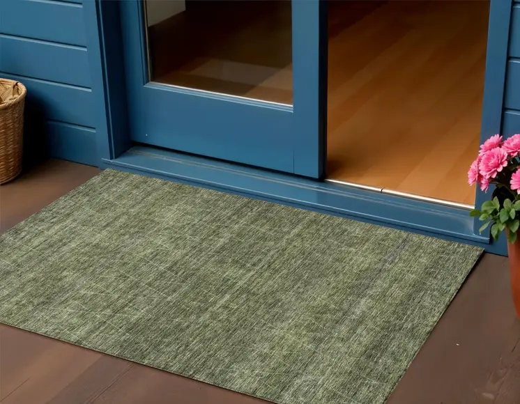 3' X 5' Olive Green And Ivory Geometric Washable Indoor Outdoor Area Rug