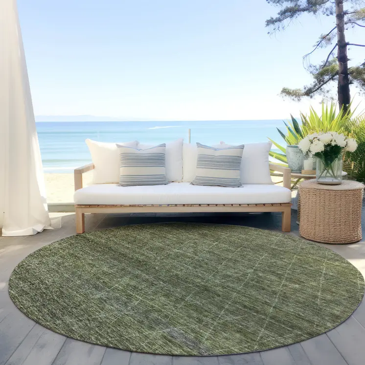 8' Olive Green And Ivory Round Geometric Washable Indoor Outdoor Area Rug