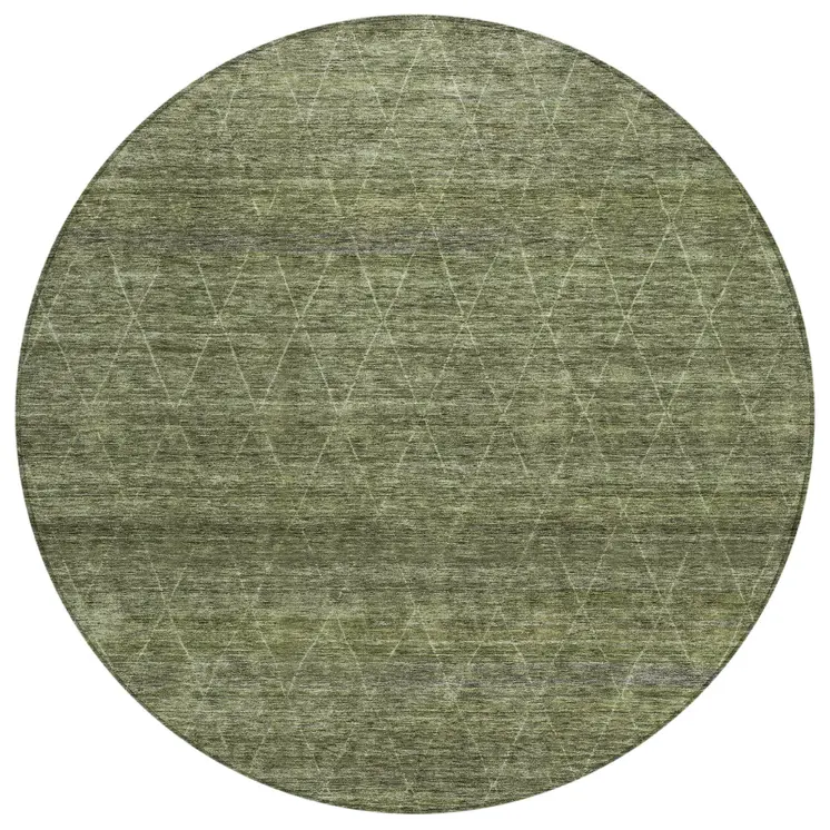 8' Olive Green And Ivory Round Geometric Washable Indoor Outdoor Area Rug