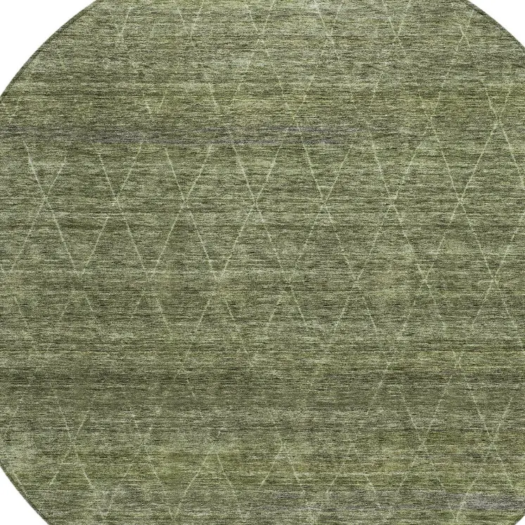 8' Olive Green And Ivory Round Geometric Washable Indoor Outdoor Area Rug