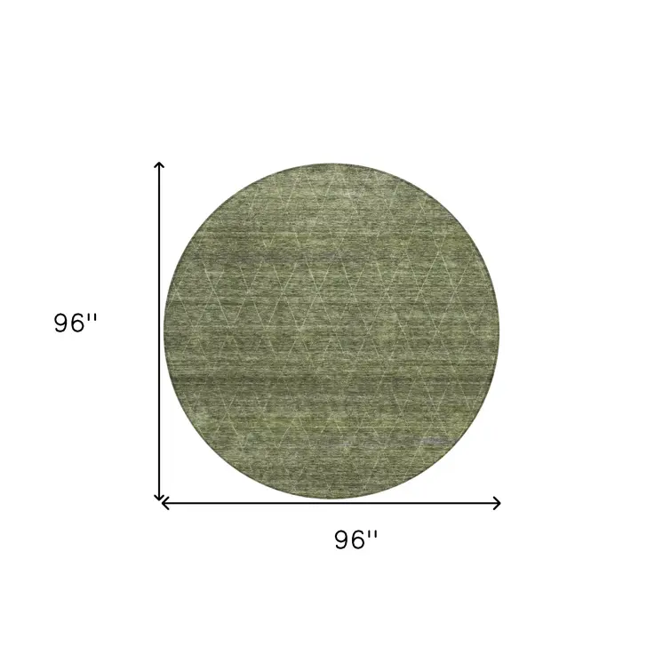 8' Olive Green And Ivory Round Geometric Washable Indoor Outdoor Area Rug