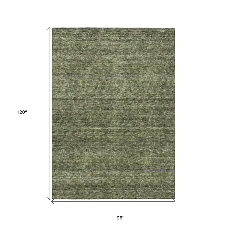 8' X 10' Olive Green And Ivory Geometric Washable Indoor Outdoor Area Rug