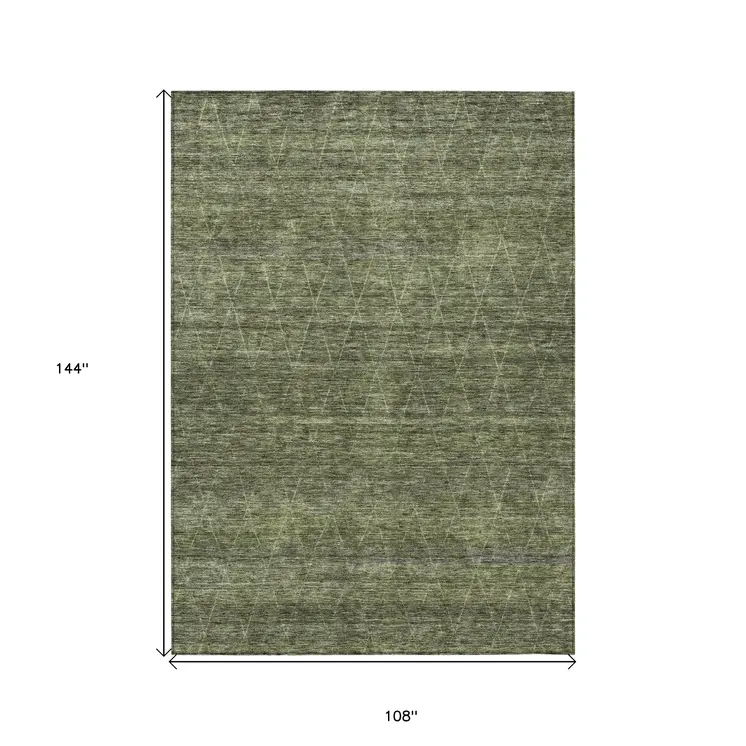 9' X 12' Olive Green And Ivory Geometric Washable Indoor Outdoor Area Rug
