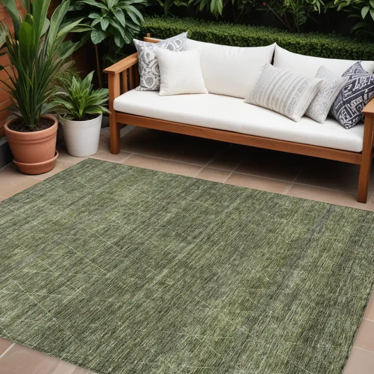 9' X 12' Olive Green And Ivory Geometric Washable Indoor Outdoor Area Rug