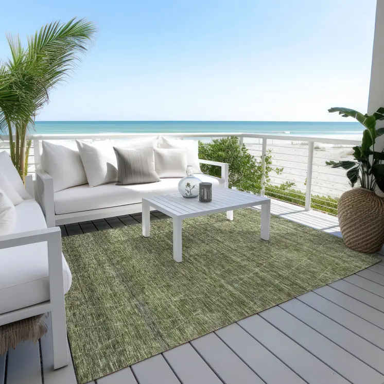 9' X 12' Olive Green And Ivory Geometric Washable Indoor Outdoor Area Rug