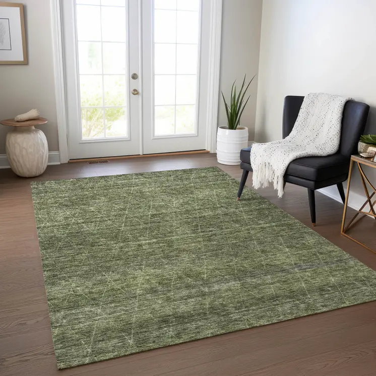 9' X 12' Olive Green And Ivory Geometric Washable Indoor Outdoor Area Rug