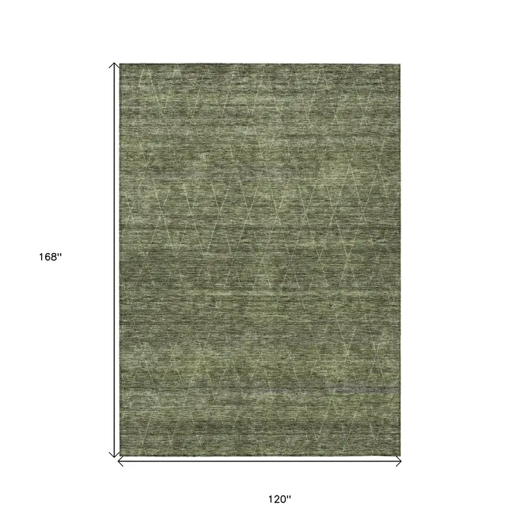 10' X 14' Olive Green And Ivory Geometric Washable Indoor Outdoor Area Rug