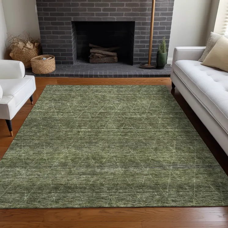 10' X 14' Olive Green And Ivory Geometric Washable Indoor Outdoor Area Rug
