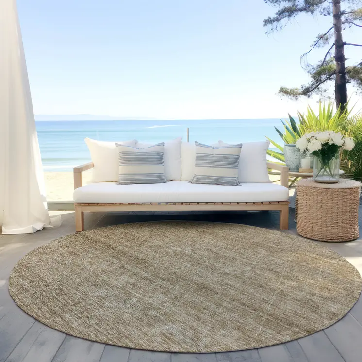 8' Wheat And Ivory Round Geometric Washable Indoor Outdoor Area Rug