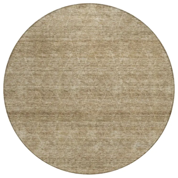 8' Wheat And Ivory Round Geometric Washable Indoor Outdoor Area Rug