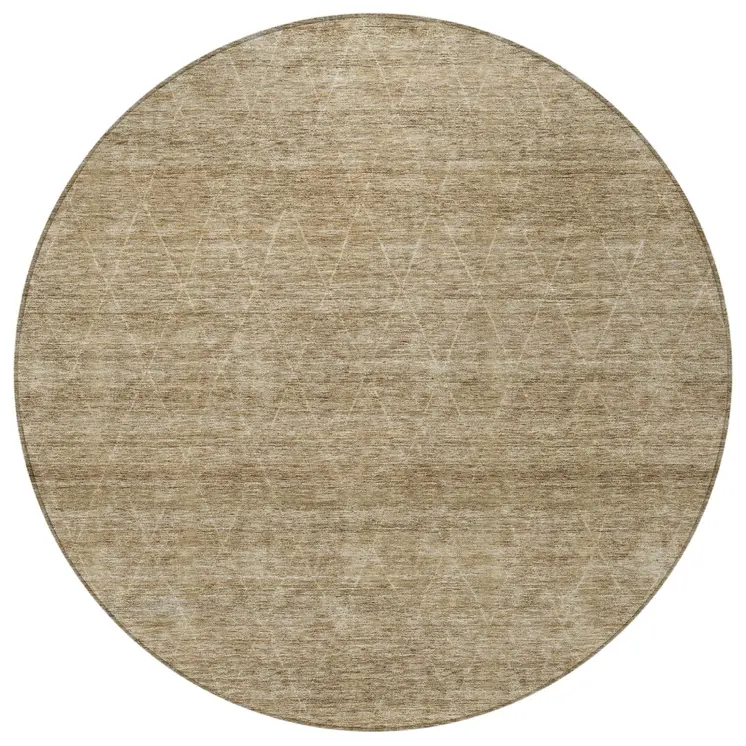 8' Wheat And Ivory Round Geometric Washable Indoor Outdoor Area Rug
