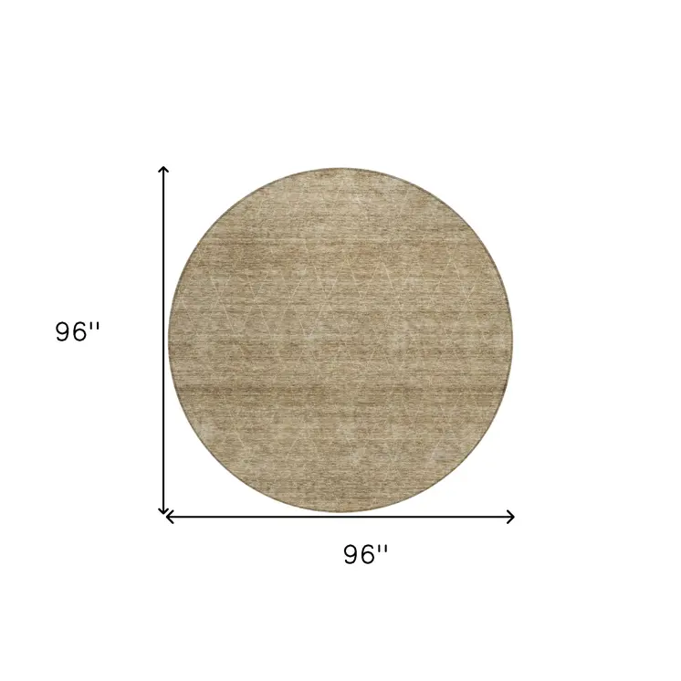 8' Wheat And Ivory Round Geometric Washable Indoor Outdoor Area Rug