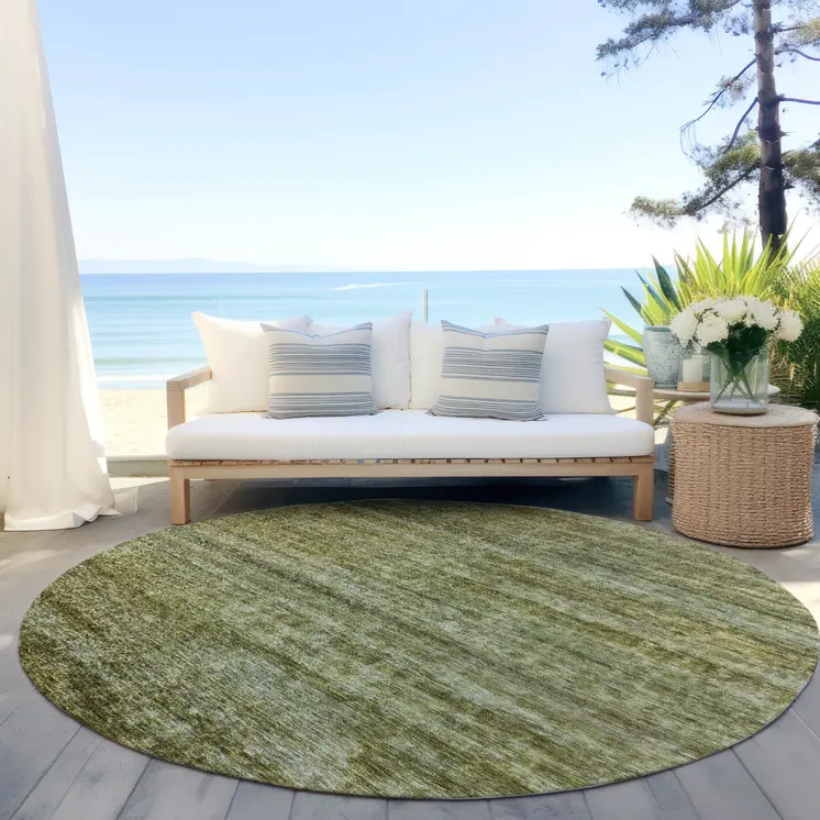 8' Olive Green And Brown Round Striped Washable Indoor Outdoor Area Rug