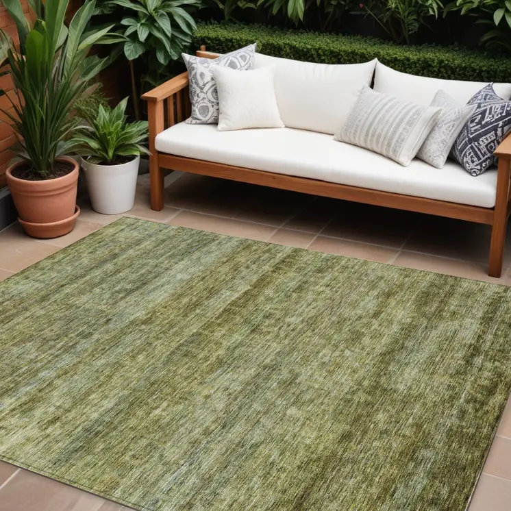 9' X 12' Olive Green And Brown Striped Washable Indoor Outdoor Area Rug