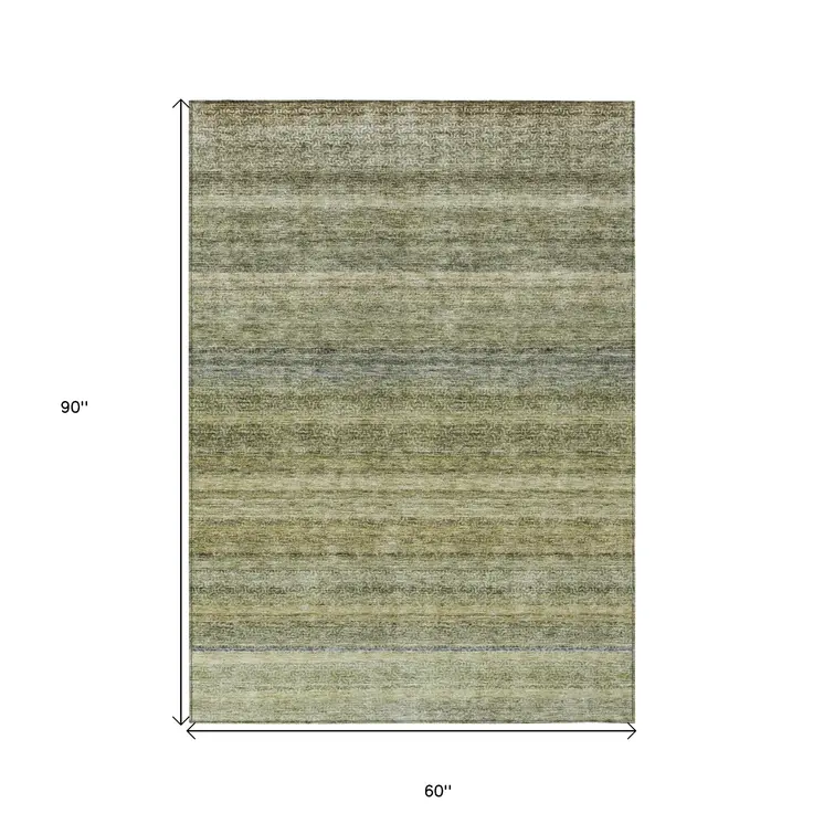 5' X 8' Artichoke Green And Gray Striped Washable Indoor Outdoor Area Rug