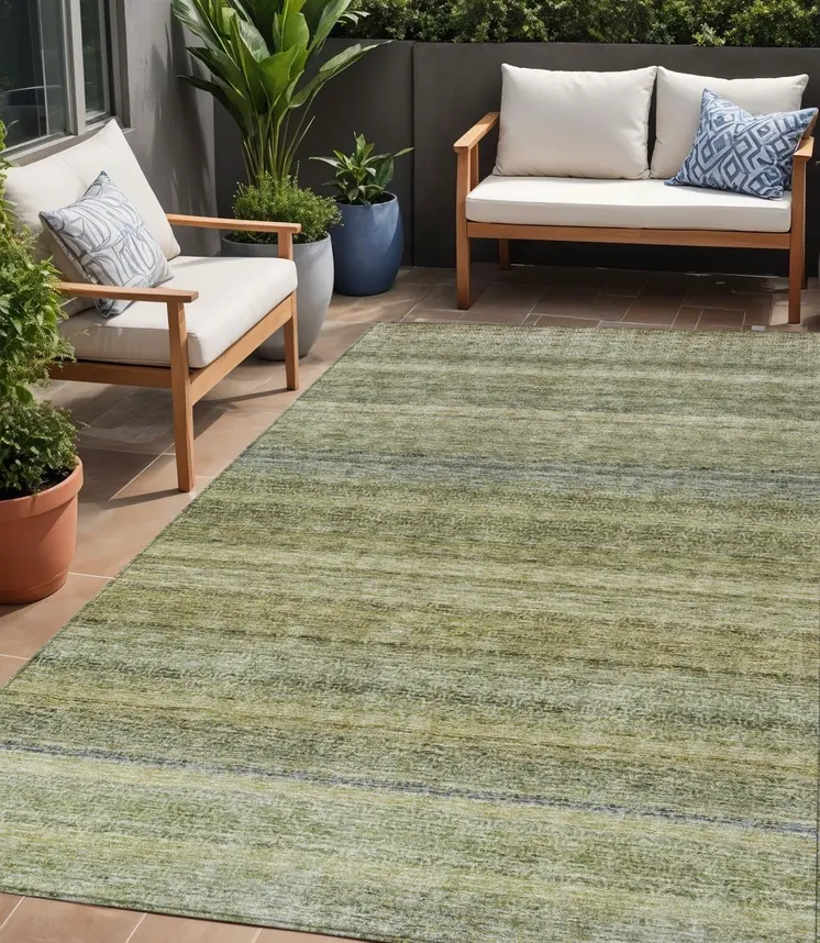 5' X 8' Artichoke Green And Gray Striped Washable Indoor Outdoor Area Rug