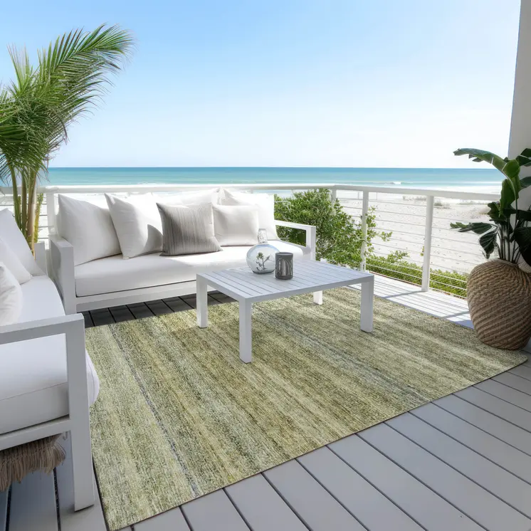 5' X 8' Artichoke Green And Gray Striped Washable Indoor Outdoor Area Rug