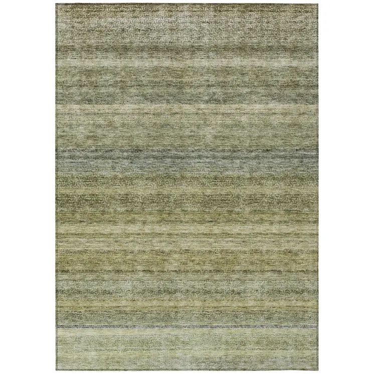 5' X 8' Artichoke Green And Gray Striped Washable Indoor Outdoor Area Rug