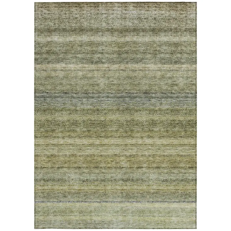 5' X 8' Artichoke Green And Gray Striped Washable Indoor Outdoor Area Rug