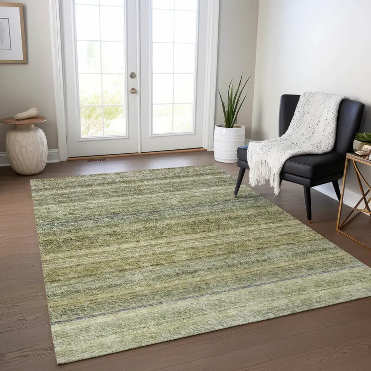5' X 8' Artichoke Green And Gray Striped Washable Indoor Outdoor Area Rug