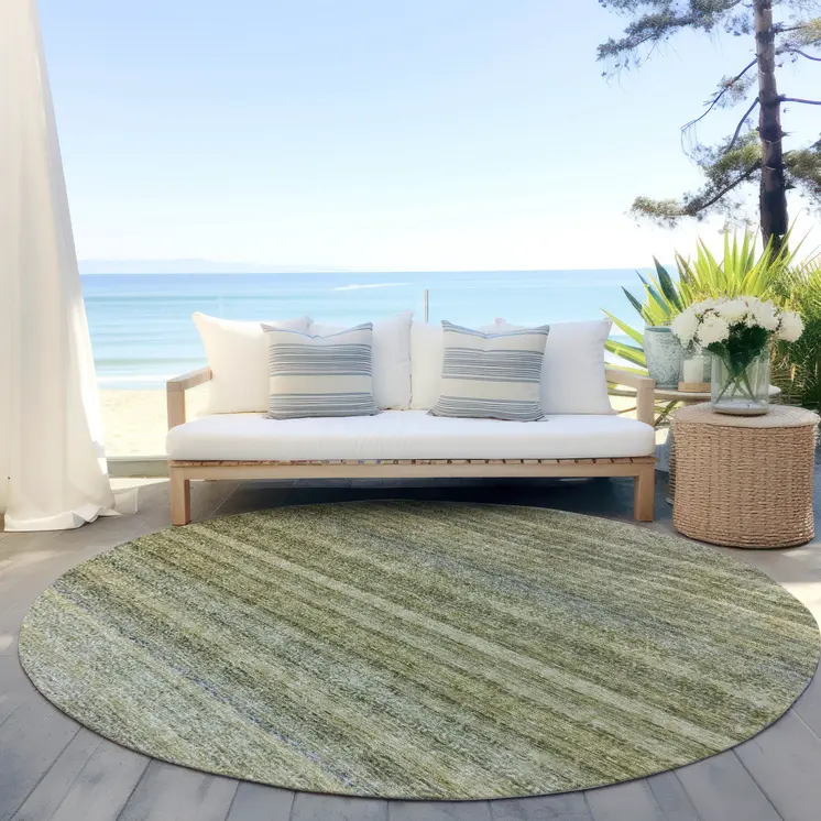 8' Artichoke Green And Gray Round Striped Washable Indoor Outdoor Area Rug