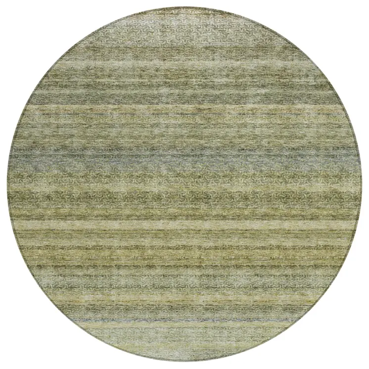 8' Artichoke Green And Gray Round Striped Washable Indoor Outdoor Area Rug