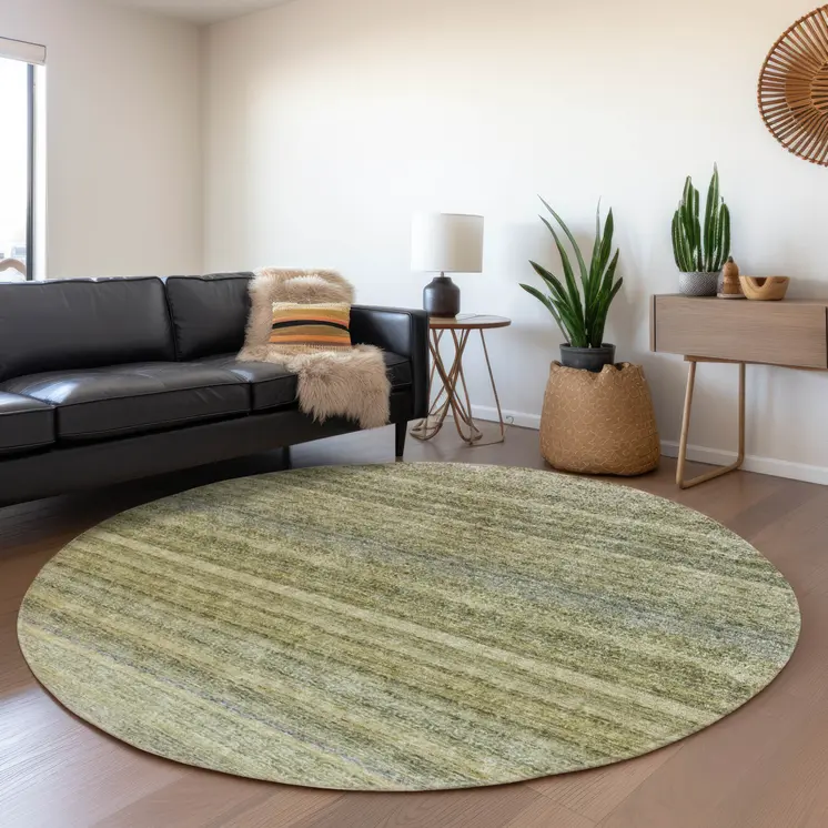 8' Artichoke Green And Gray Round Striped Washable Indoor Outdoor Area Rug