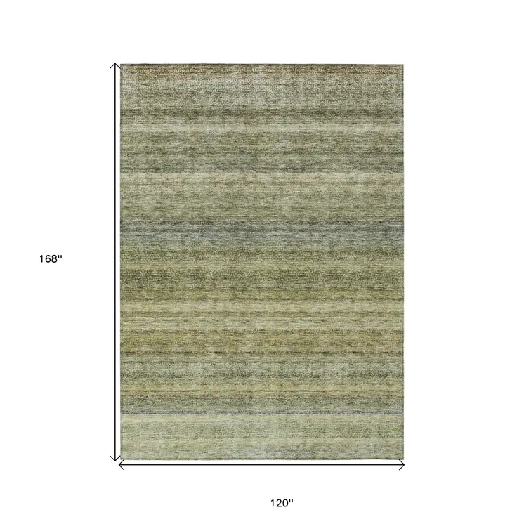 10' X 14' Artichoke Green And Gray Striped Washable Indoor Outdoor Area Rug