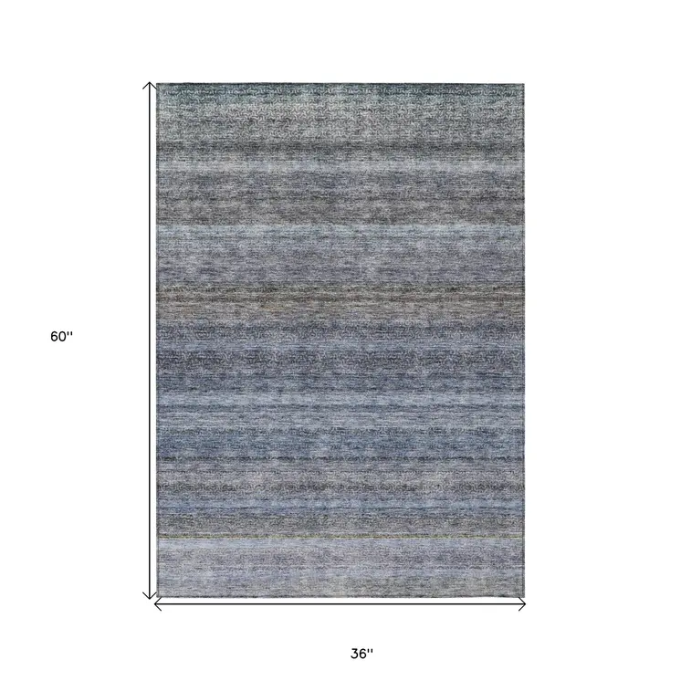 3' X 5' Blue And Gray Striped Washable Indoor Outdoor Area Rug