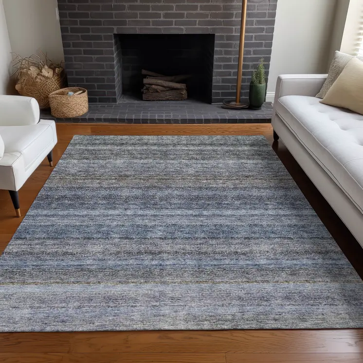 3' X 5' Blue And Gray Striped Washable Indoor Outdoor Area Rug