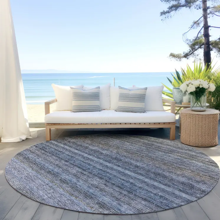 8' Blue And Gray Round Striped Washable Indoor Outdoor Area Rug
