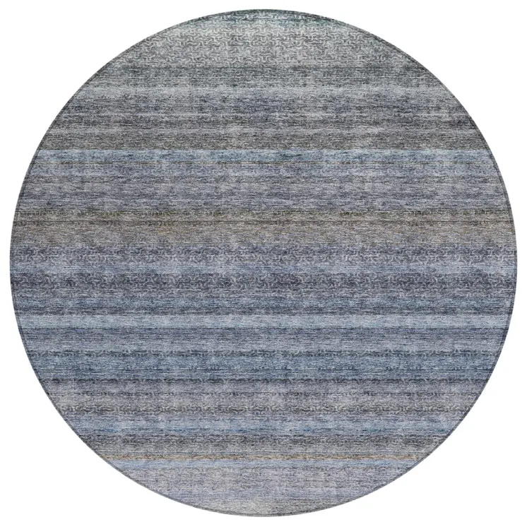 8' Blue And Gray Round Striped Washable Indoor Outdoor Area Rug