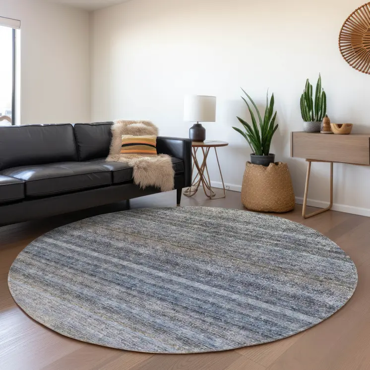 8' Blue And Gray Round Striped Washable Indoor Outdoor Area Rug