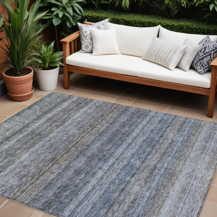 9' X 12' Blue And Gray Striped Washable Indoor Outdoor Area Rug