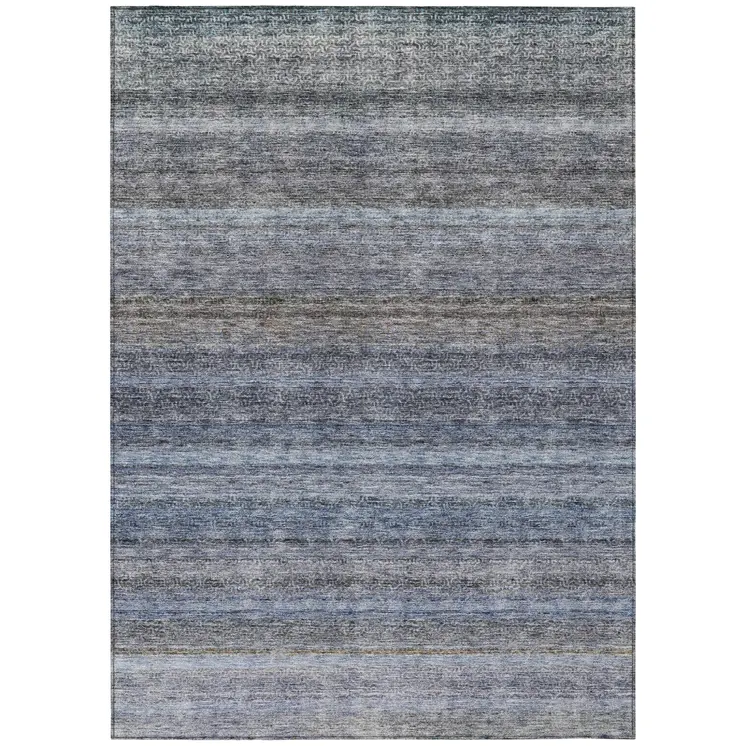 9' X 12' Blue And Gray Striped Washable Indoor Outdoor Area Rug