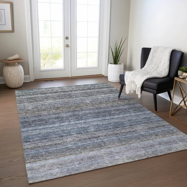 9' X 12' Blue And Gray Striped Washable Indoor Outdoor Area Rug