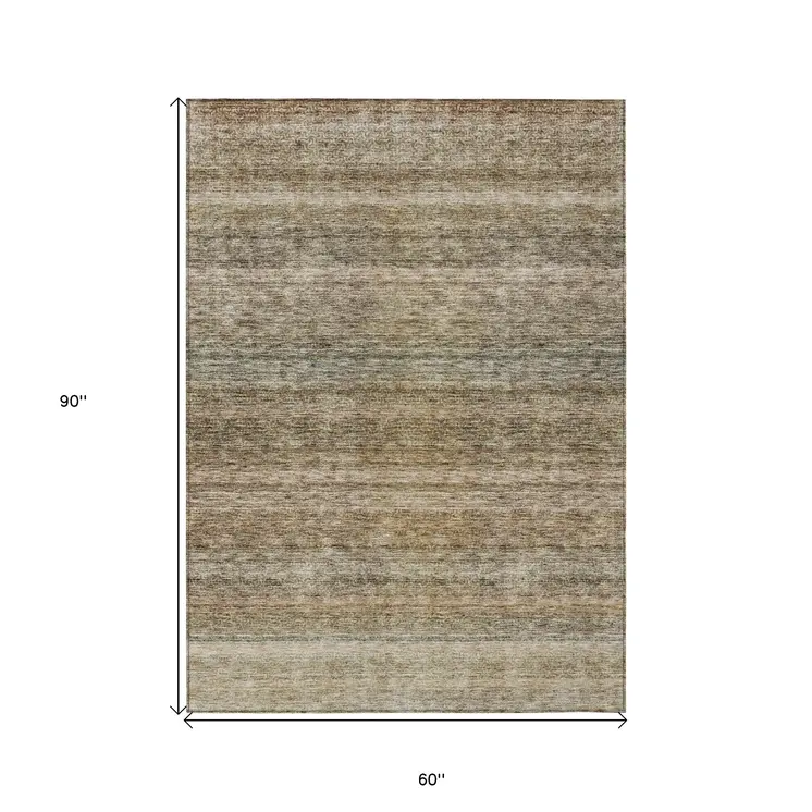 5' X 8' Copper And Green Striped Washable Indoor Outdoor Area Rug
